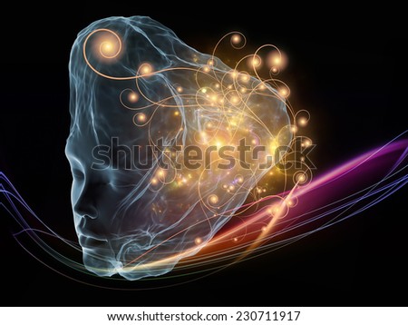 Next Generation AI series. Creative arrangement of fusion of human head and fractal shape as a concept metaphor on subject of mind, consciousness and spirituality