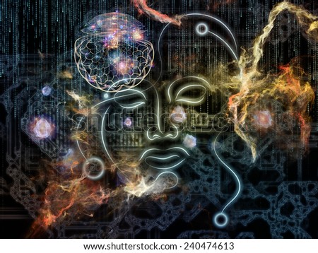 Human Geometry series. Background design of lines of human face, fractal elements and symbols on the subject of science, philosophy, metaphysics and modern technology