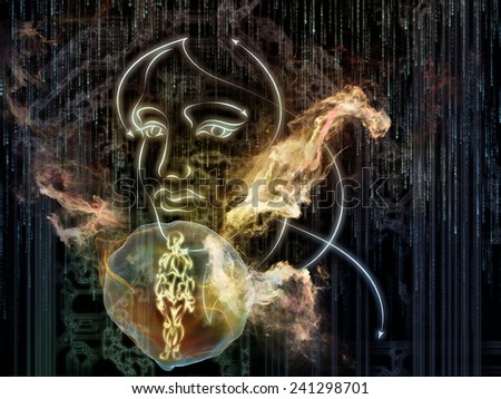 Human Geometry series. Background design of lines of human face, fractal elements and symbols on the subject of science, philosophy, metaphysics and modern technology