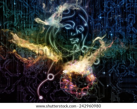 Human Geometry series. Abstract design made of lines of human face, fractal elements and symbols on the subject of science, philosophy, metaphysics and modern technology