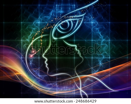 Design on the subject of intuition between parent and child made of profiles of woman and child, human eye and abstract elements