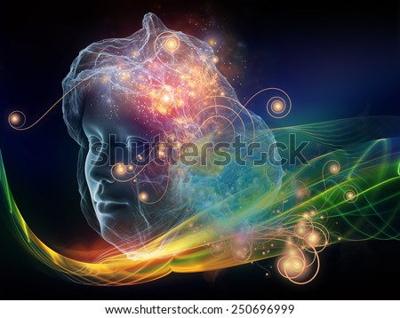 Next Generation AI series. Background composition of  fusion of human head and fractal shape to complement your layouts on the subject of mind, consciousness and spirituality