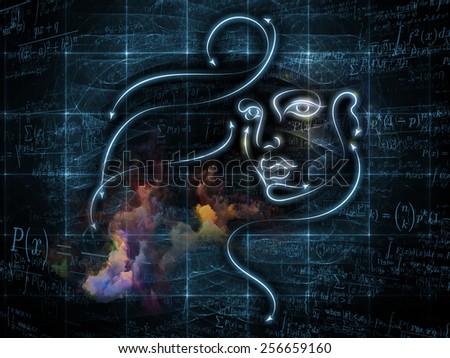 Human Geometry series. Creative arrangement of lines of human face, fractal elements and symbols as a concept metaphor on subject of science, philosophy, metaphysics and modern technology