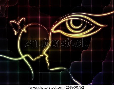 Design on the subject of intuition between parent and child made of profiles of woman and child, human eye and abstract elements