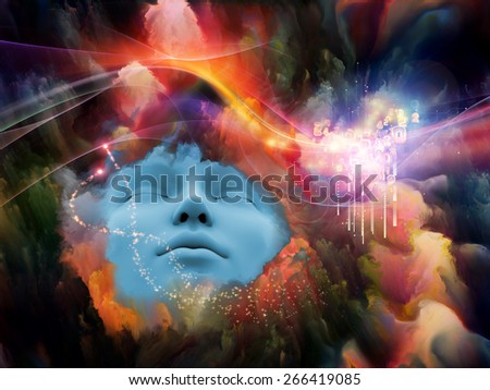 Brainwaves series. Composition of human face and colorful fractal clouds on the subject of dreams, mind, spirituality, imagination and inner world