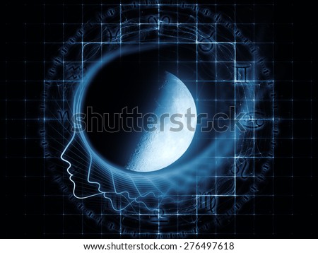 Inner Moon series. Composition of moon, human profile and astrological symbols on the subject of spirit world, dreams, imagination, astrology and the mind