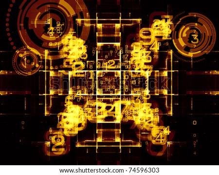 Interplay of digital symbols and abstract forms on the subject of artificial intelligence, computing, data processing, science and technology