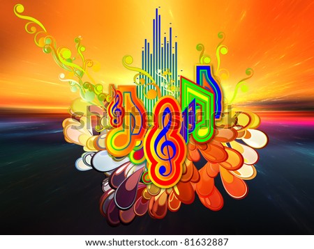 Interplay of abstract sunrise background, music meter, abstract splash and music symbols on the subject of  music, song, sound and performance.