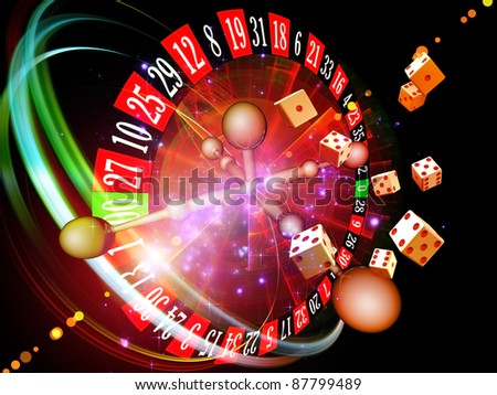 Interplay of dice, roulette wheel elements and abstract graphics on the subject of chance, luck, casino, games and risk