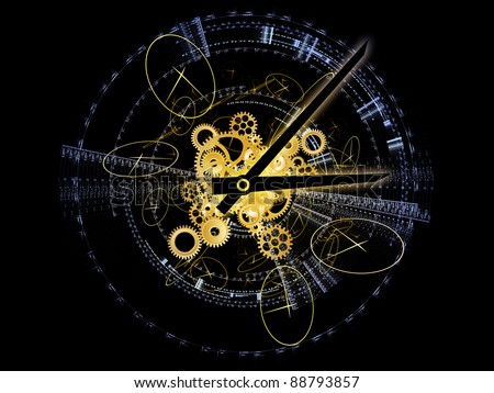 Interplay of clock components and abstract design elements on the subject of time, deadlines, past, present and future