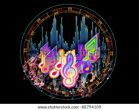 Interplay of graphic analyzer bars, music notes, lights and circular design elements on the subject of music, concert performance, sound and entertainment