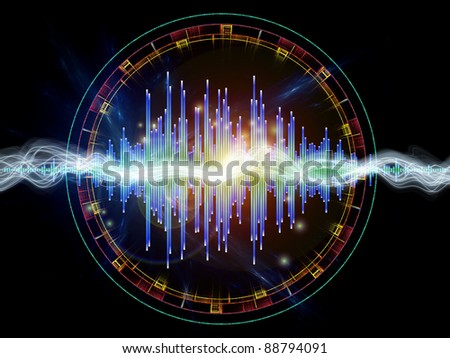 Interplay of graphic analyzer bars, music notes, lights and circular design elements on the subject of music, concert performance, sound and entertainment
