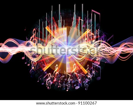 Interplay of graphic analyzer bars, music notes and abstract design elements on the subject of music, concert performance, sound and entertainment