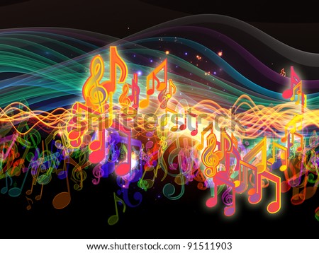 Interplay of music notes, lights and abstract design elements on the subject of music, sound, song and performance.