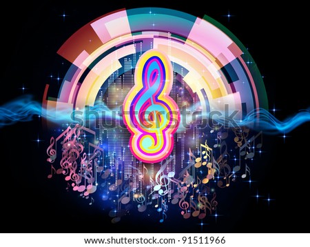 Interplay of music notes, lights and abstract design elements on the subject of music, concert performance, sound and entertainment