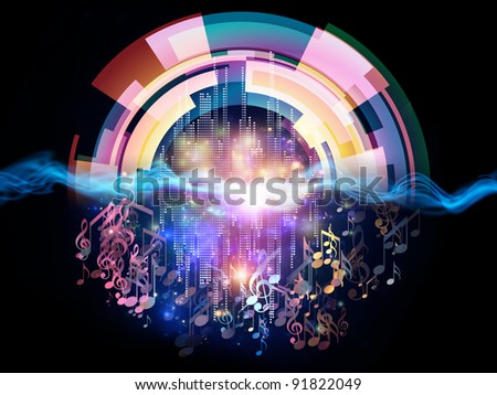Interplay of music notes, lights and abstract design elements on the subject of music, concert performance, sound and entertainment