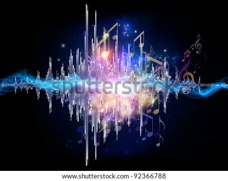 Interplay of graphic analyzer bars, music notes, lights and abstract design elements on the subject of music, concert performance, sound and entertainment
