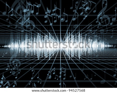 Interplay of perspective lines, sound wave, notes and various design elements on the subject of music, audio and sound technology