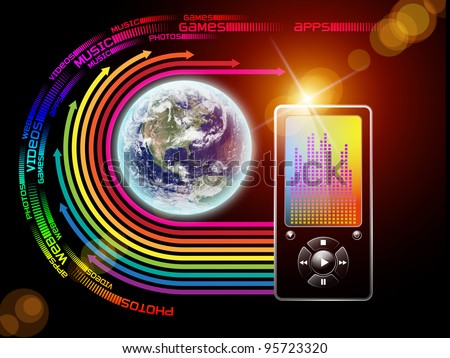 Composition of personal media player, Earth globe and various graphic elements on the subject of personal electronic devices, music and sound technologies