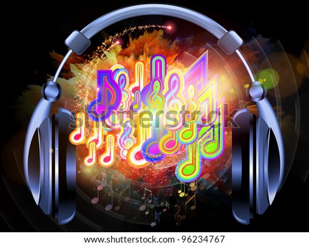 Interplay of headphones, musical notes, abstract design elements, colors and lights on the subject of music, sound,  audiophile, performance, song, party and entertainment
