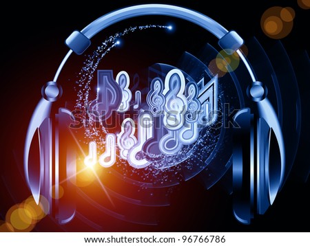 Interplay of headphones, musical notes, abstract design elements, colors and lights on the subject of music, sound,  audiophile, performance, song, party and entertainment
