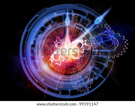 Composition of clock hands, gears, lights and abstract design elements as a concept metaphor on subject of time sensitive issues, deadlines, scheduling, temporal processes, past, present and future