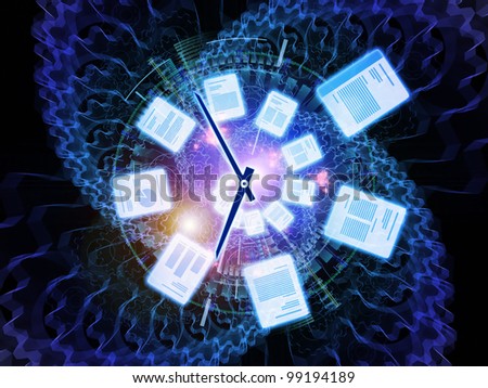 Composition of document icons, lights and abstract design elements suitable as a backdrop for the projects on document processing, office paperwork, virtual workspace and cloud networking