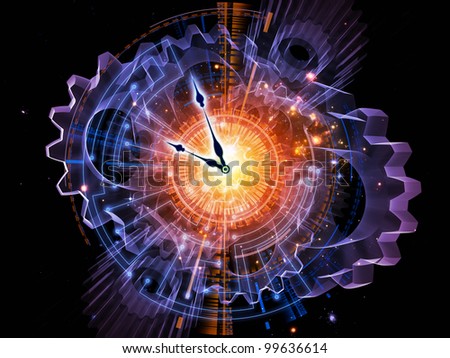 Background design of clock hands, gears, lights and abstract design elements on the subject of time sensitive issues, deadlines, scheduling, temporal processes, past, present and future