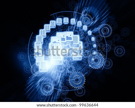 Abstract design made of document icons, lights and abstract design elements on the subject of document processing, office paperwork, virtual workspace and cloud networking