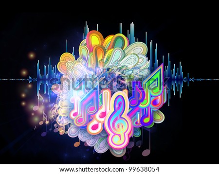 Interplay of graphic analyzer bars, music notes, lights and abstract design elements on the subject of music, concert performance, sound and entertainment