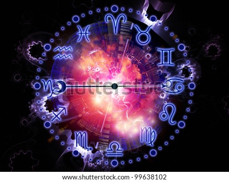 Artistic background for use with projects on astrology, child birth, fate, destiny, future, prophecy, horoscope and occult beliefs, made of Zodiac symbols, gears, lights and abstract design elements