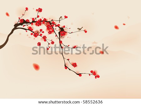 oriental style painting plum blossom in spring Birds resting on the branches of plum blossom tree with hills background Vectorized brush painting. oriental style painting plum blossom in spring Birds resting on the branches of plum blossom tree with hills background Vectorized brush painting.