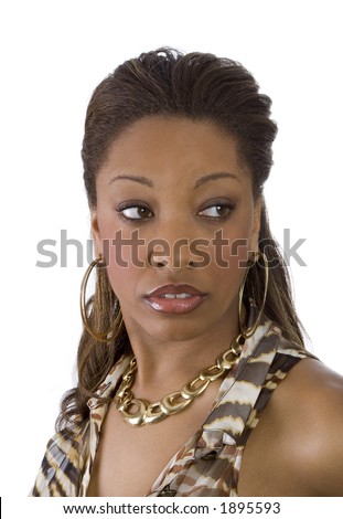 Beautiful African American woman sophisticated look looking away from the camera. Image isolated on a white background.