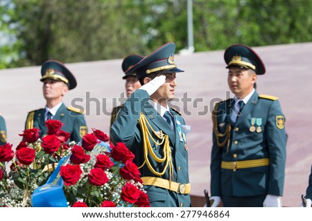 SHYMKENT city, KAZAKHSTAN MAY 9, 2015: Statement by the military, the Victory Day, in memory of the soldiers of the Great Patriotic War.