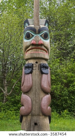 Alaskan totem pole of Saxman Nature Village in Ketchikan Alaska