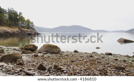 Rock covered beach of Lopez Island in the San Juan Islands of Washington