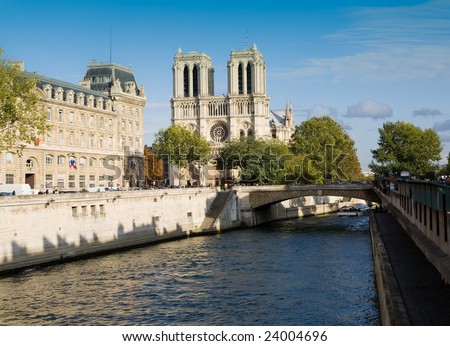 Seine River and Notre Dame Cathedral along the banks of the river in Paris, France