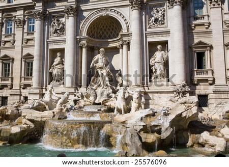 Trevi Fountain in Rome, Italy in the daylight showing the ornate statues and carvings and water