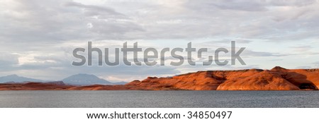 Sunset lit rock formations at Lake Powell in Glen Canyon National Recreation Area, Utah
