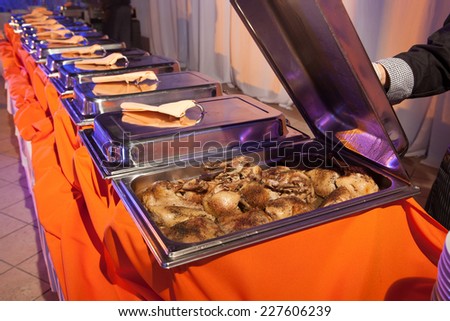 Banquet meal trays served on tables