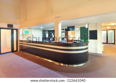 Interior of a hotel, architectural design of a reception.