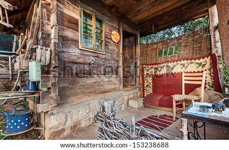 Wooden house in forest, house made of natural materials.