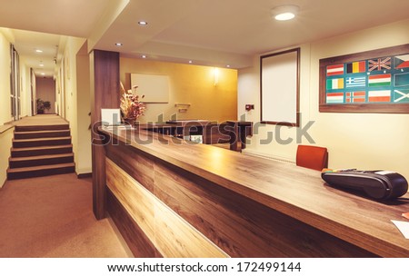Interior And Details Of A Small Hotel Reception.