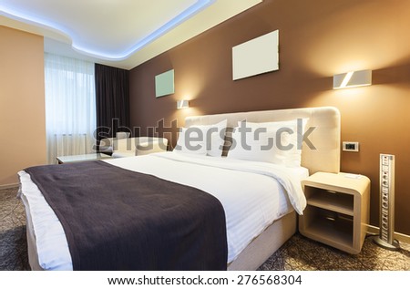 Interior of a hotel room for two persons. Modern luxury design.