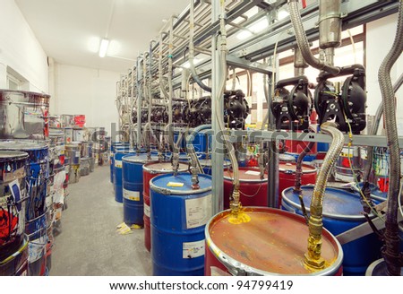 Interior of a factory room for mixing inks, used in printing.