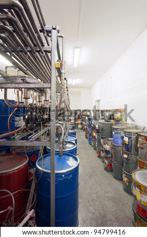 Interior of a factory room for mixing inks, used in printing.