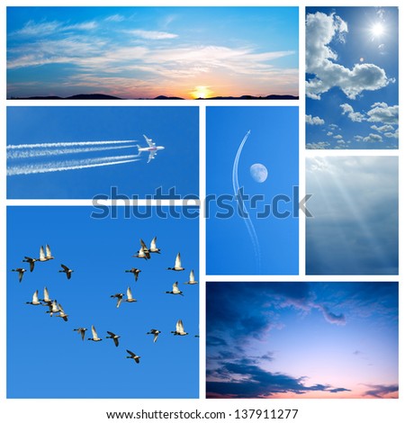 Blue collage of sky images; birds, airplane, clouds, sunset and moon
