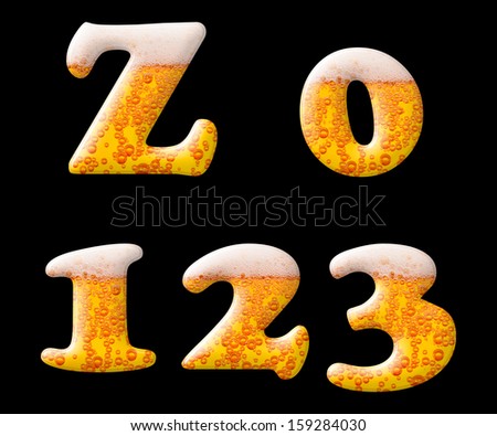 Mineral water letter set characters on black - Z capital letter and numbers 0 1 2 3