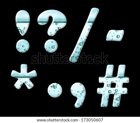 Mineral water letter set characters on black - writing symbols punctuation, exclamation and question mark