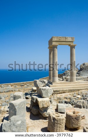 The partially rebuilt Hellenistic Stoa inside the Acropolis of Lindos, Rhodes, Greece